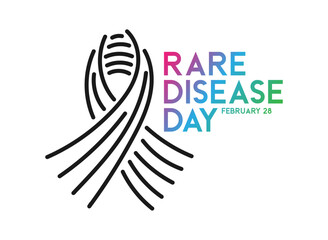 Rare Disease Day. February 28. Black line ribbon on white background. Colorful text. Poster, banner, card.