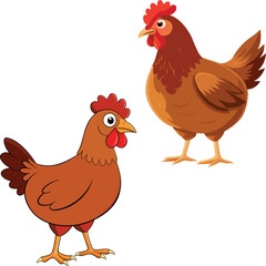 Two brown cartoon chickens standing on white background