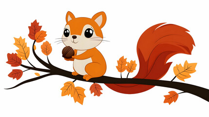 Cute Squirrel Holds Acorn on Branch with Autumn Leaves Illustration