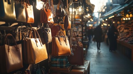 Stylish brown leather bags hanging in a vibrant market filled with warm sunlight and cozy shopping vibes.