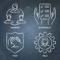 Teamwork and cooperation chalkboard icon set