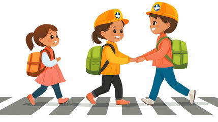 Three School Children Walking and Holding Hands Across a Crosswalk Illustration