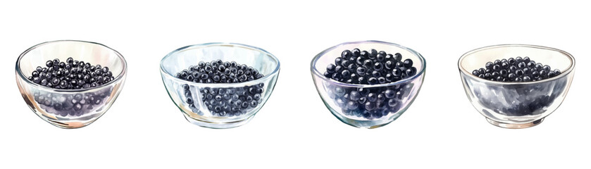Watercolor set of glass bowls with black caviar png. Black caviar in glass bowls on transparent background. Watercolor seafood delicacy concept. Vector illustration.