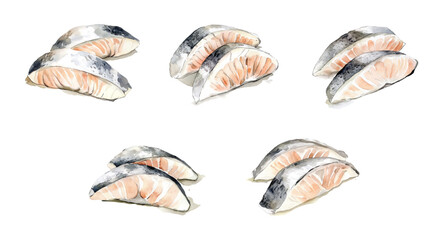 Watercolor set of pieces of white fish fillet png. Pieces of hake, pollock, tilapia and others. white fish for cooking. Concept of sea food and river fish.