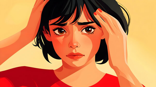 Woman Holds Her Head in Hands with a Worried Expression on Her Face, Illustration