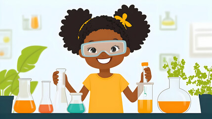 Young Scientist Conducts Experiments with Colorful Liquids in Laboratory Beakers Joyfully