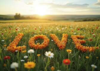 LOVE spelled out in yellow flowers in a meadow at sunset surrounded by endless fields