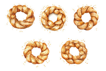 Set of watercolor buns png. Bakery braided products sprinkled with sesame seeds. watercolor png. Bread for Easter, Shabbat and other religious holidays. Watercolor buttery pastries.