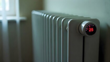 Radiator reading 25 in a room, emphasizing the tension between heating crises and rising prices