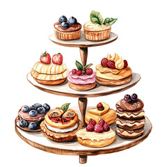 Watercolor candy bar png. Wooden 3-tier candy stand filled with desserts and cakes. Appetizing cream cakes with pastries on a wooden stand.