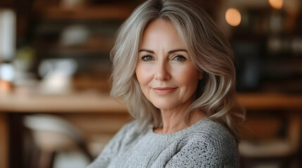 Portrait of a Confident Mature Woman Smiling Gently in a Warmly Lit Cafe Setting.