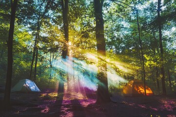 Fototapeta premium Colorful sunbeams illuminate forest campsite with tents among lush greenery.