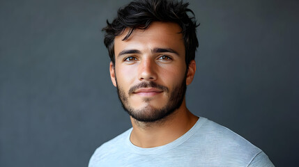 Portrait of a Young Man with Dark Hair and Beard Against a Gray Background