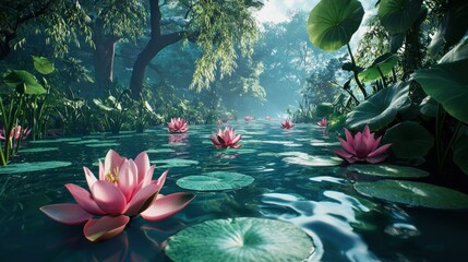 Serene Lotus Pond in a Mystic Forest: A Digital Painting of Tranquility