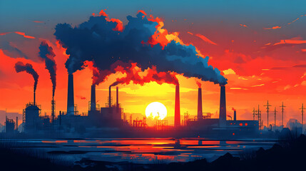 Industrial Plant Emits Pollution at Sunset, Creating Atmospheric Haze and Vibrant Colors Across Water.