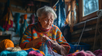 Obraz premium Elderly Woman Knitting in Cozy Cabin Surrounded by Colorful Yarn