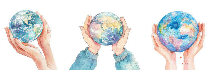 Watercolor set of hands holding the earth globe png. Concept for earth day, planet preservation. ecology etc. Elements for informational posters for nature conservation.