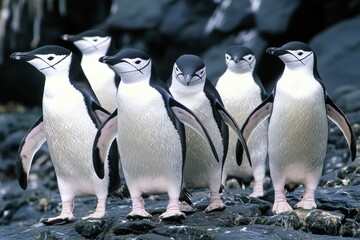Fototapeta premium A colony of chinstrap penguins marching in unison across a rocky Antarctic beach.