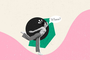 Creative art banner collage of cunning girl lookout direction where direction question mark...