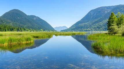 Fototapeta premium Serene lake nestled between mountains, tranquil reflection, lush greenery, clear water.