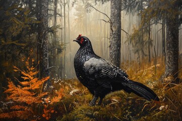 WESTERN CAPERCAILLIE MALE IN TAIGA FOREST 