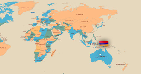 Obraz premium Geopolitical Map Highlighting Australia with Flag Marker and Surrounding Nations