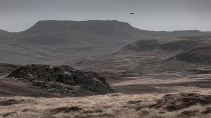Misty Scottish Highlands landscape; low-lying hills and distant mountains. Possible travel postcard.