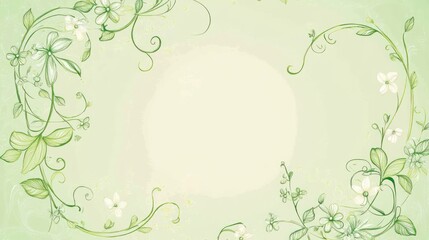 Obraz premium Pastel green floral background with swirling vines, white flowers, and a central circle.