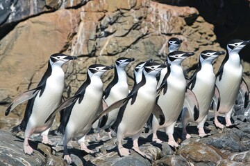Fototapeta premium A colony of chinstrap penguins marching in unison across a rocky Antarctic beach.