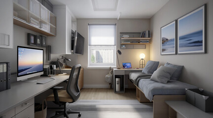 Modern Dorm Room Study Space with Laptop and Desk in Bright Interior