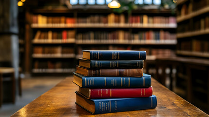 Stack of Books Sits on Table in Library with Blurry Bookshelves in Background.