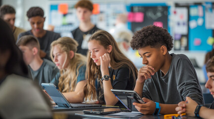 Diverse Group of Students Engaging with Technology in Classroom Setting