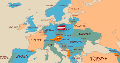 Obraz premium Geopolitical Map Highlighting Austria with Flag Marker and Surrounding Nations