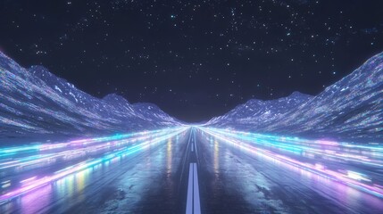 Fototapeta premium Vibrant Neon Road Glimmers Mysteriously Through Futuristic Mountains: 3D Render. AI Generated