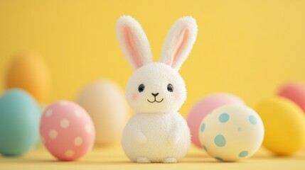 A fluffy white bunny sits surrounded by vibrant Easter eggs in pastel colors on a cheerful yellow backdrop, symbolizing spring festivities