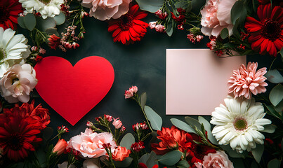 Obraz premium A decorative heart made of red flowers and foliage, symbolizing love and beauty