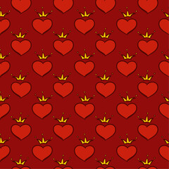 Seamless pattern hand drawn heart with crown icon on red background. Flat design vector.