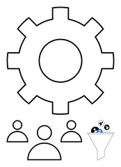 Gear symbol above figures and funnel with shapes flowing through. Ideal for teamwork, processes, data filtering, business optimization, collaboration, efficiency, abstract line flat metaphor