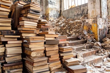 Obraz premium Stacks of neglected books tower beside a disorganized pile, illustrating decay in an abandoned library space with graffiti on walls