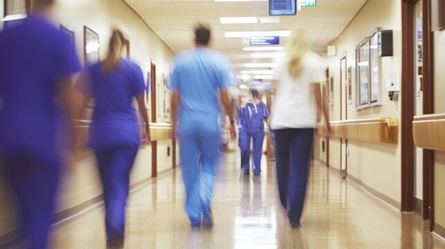Healthcare workers walk swiftly through a bustling hospital corridor, attending to patients and coordinating care in a dynamic environment