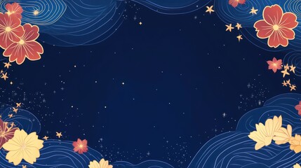 Navy blue background with red and yellow flowers, stars, and wavy lines; perfect for cards, invitations, or banners.