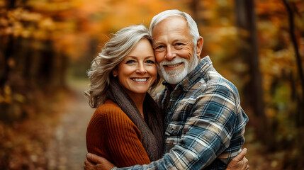 Fototapeta premium Happy Senior Couple Embraces in Autumn Woods, Showing Affection and Togetherness.