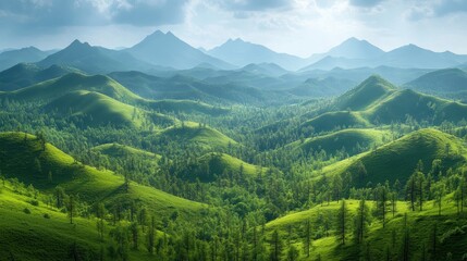 Naklejka premium A serene landscape featuring rolling green hills and distant mountains under a cloudy sky.