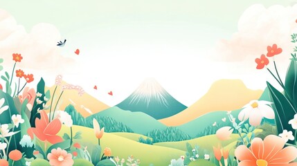 Vibrant spring landscape with blooming flowers and majestic mountain.