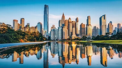 Naklejka premium Urban Skyline Reflected in Calm Waters at Dusk a Symphony of Glass and Light