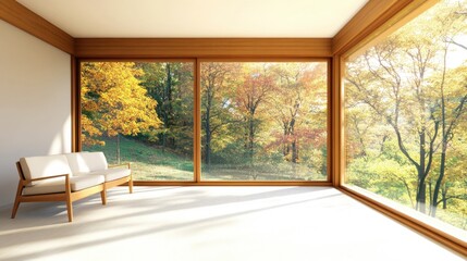 Obraz premium Bright room featuring large windows showcases vibrant autumn trees, creating a calm and inviting atmosphere in a chic design