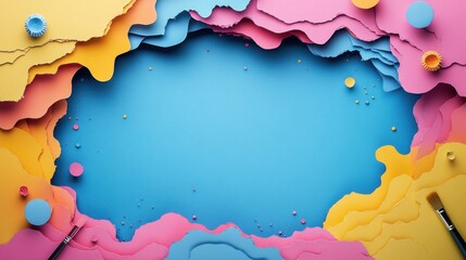 Obraz premium Vibrant paper layers in yellow, pink, and blue create an imaginative backdrop for artistic expression and DIY crafts