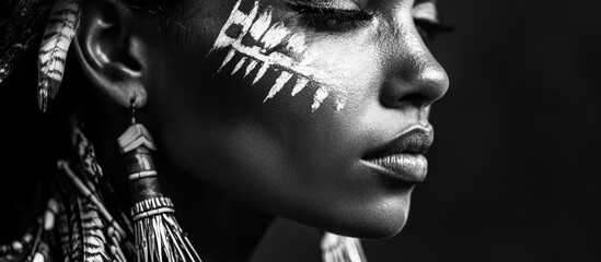 Close-up of young woman with tribal face paint and earrings performing dance in black and white with dramatic lighting and ample copyspace for text