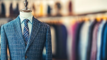 A well-dressed man is getting fitted for a suit in a stylish tailor shop surrounded by various fabric options and suit styles