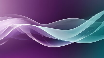 Abstract flowing wave design with purple, teal, and white colors on a dark background.